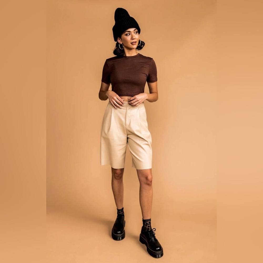 Dressed In LALA “Excuse Me Vegan Leather Shorts in Vanilla” High Rise Bermuda S